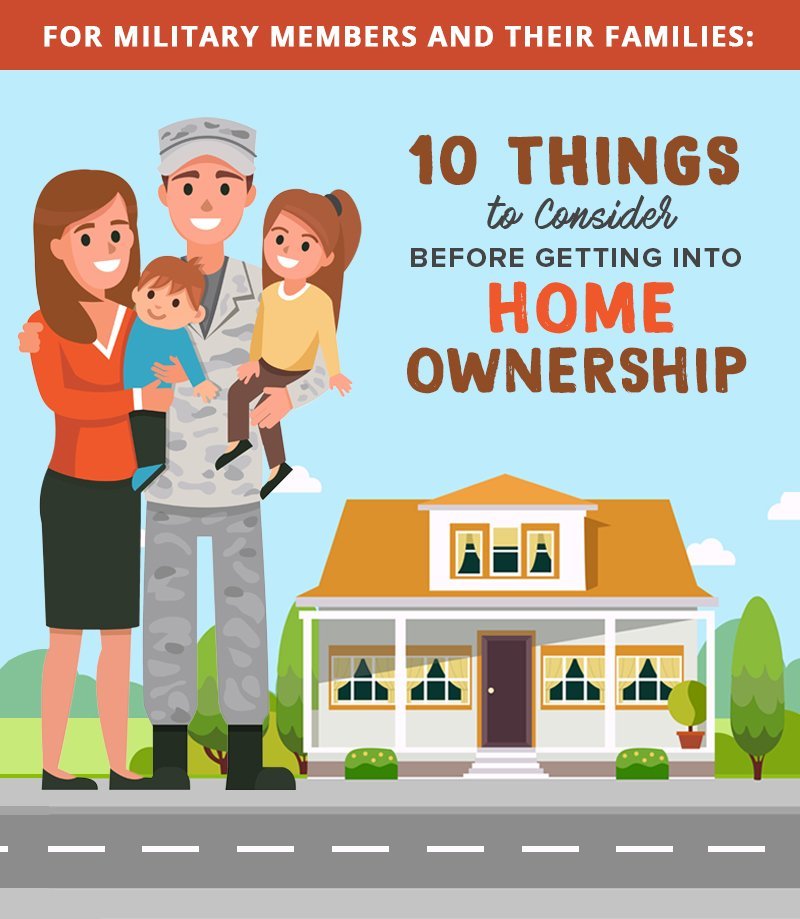 Following their Permanent Change of Station (PCS) move, the decision to buy a piece of the American dream they fought to protect could be affected by numerous financial and personal factors. Here are some things military members and their families should consider before deciding to buy their next home: – illustration for For Military Members and Their Families: 10 Things to Consider Before Getting Into Home Ownership